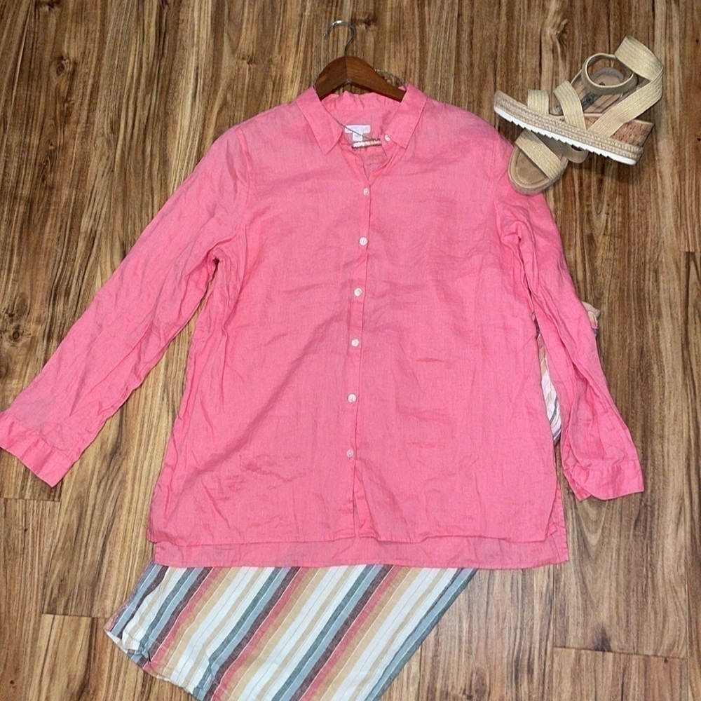 J Jill women’s shirt Large 14 pink button down love linen essential long sleeve